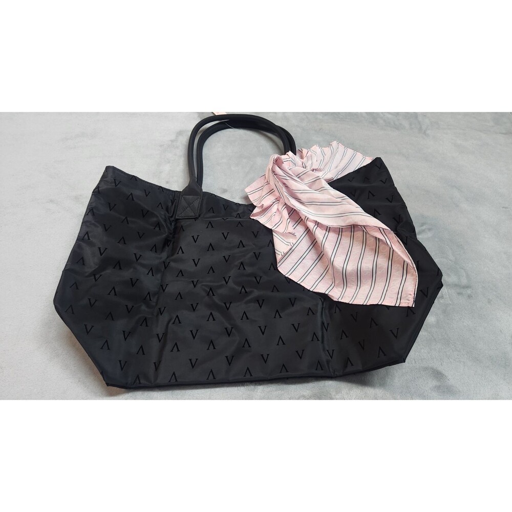 Victoria's Secret Black "V" All Over Logo Tote Bag with Pink Striped Scarf NWT